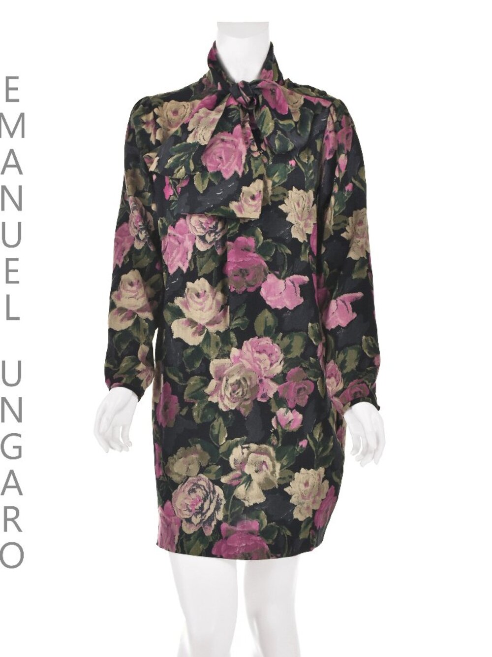 EMANUEL UNGARO Vintage Wool Challis Mini Dress w/Pink Cabbage Roses SZ10-12
